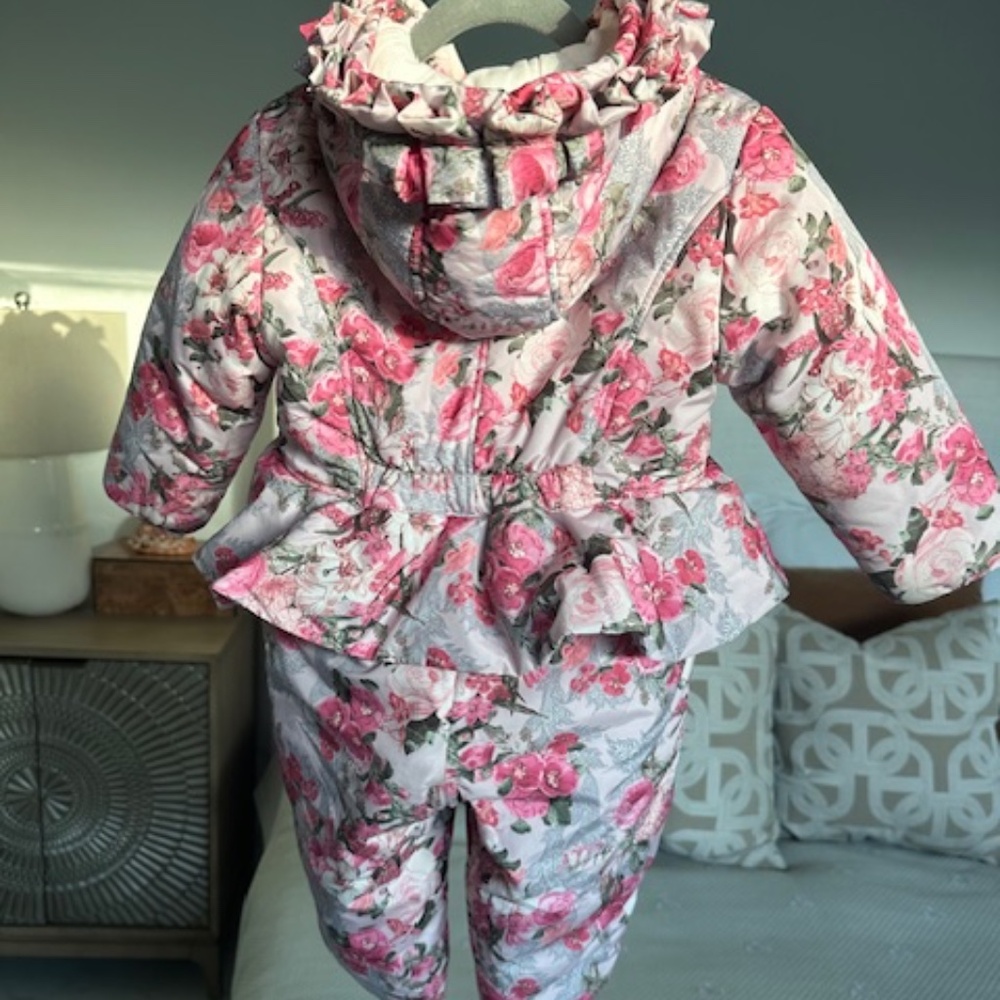 Aletta Kids Italian Floral Puffer Snowsuit Ruffle Hood Peplum Pink 18 Months